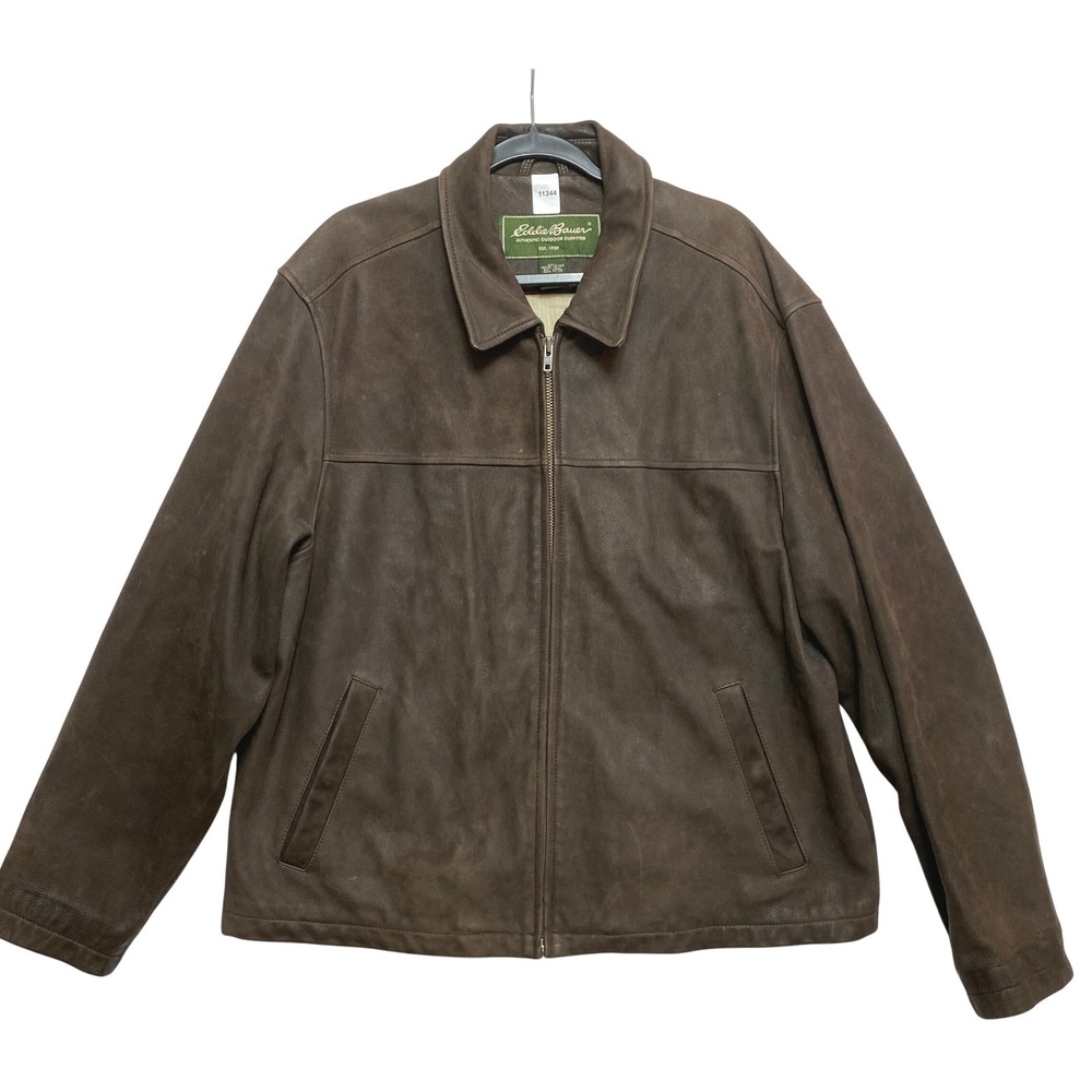 Eddie Bauer Leather Jacket Mens XL Brown Full Zip Genuine Cowhide Bomber